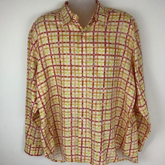 Tommy Bahama Relax Linen Button Front Shirt Mens XL X-Large Plaid Orange Yellow - Picture 2 of 8
